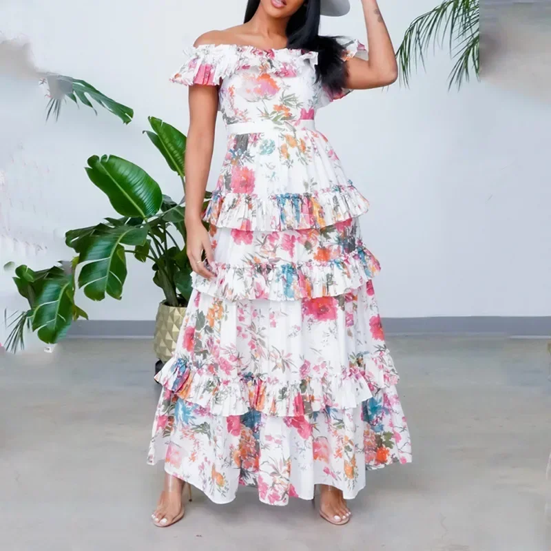 Women Dress Sleeveless Printed Slash Collar Ruffled Fashion Vacation Style Long Dress Off Shoulder Bohe Maxi Beach Dress