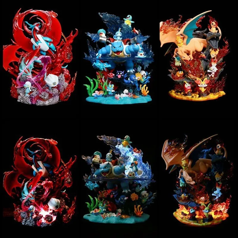 Pokemon Xiaozhi Squirtle Charmander Tyrannosaurus Familie Emmer Kan Licht Uitstralen Anime Figuren Model Ornamenten Speelgoed Kerstcadeau