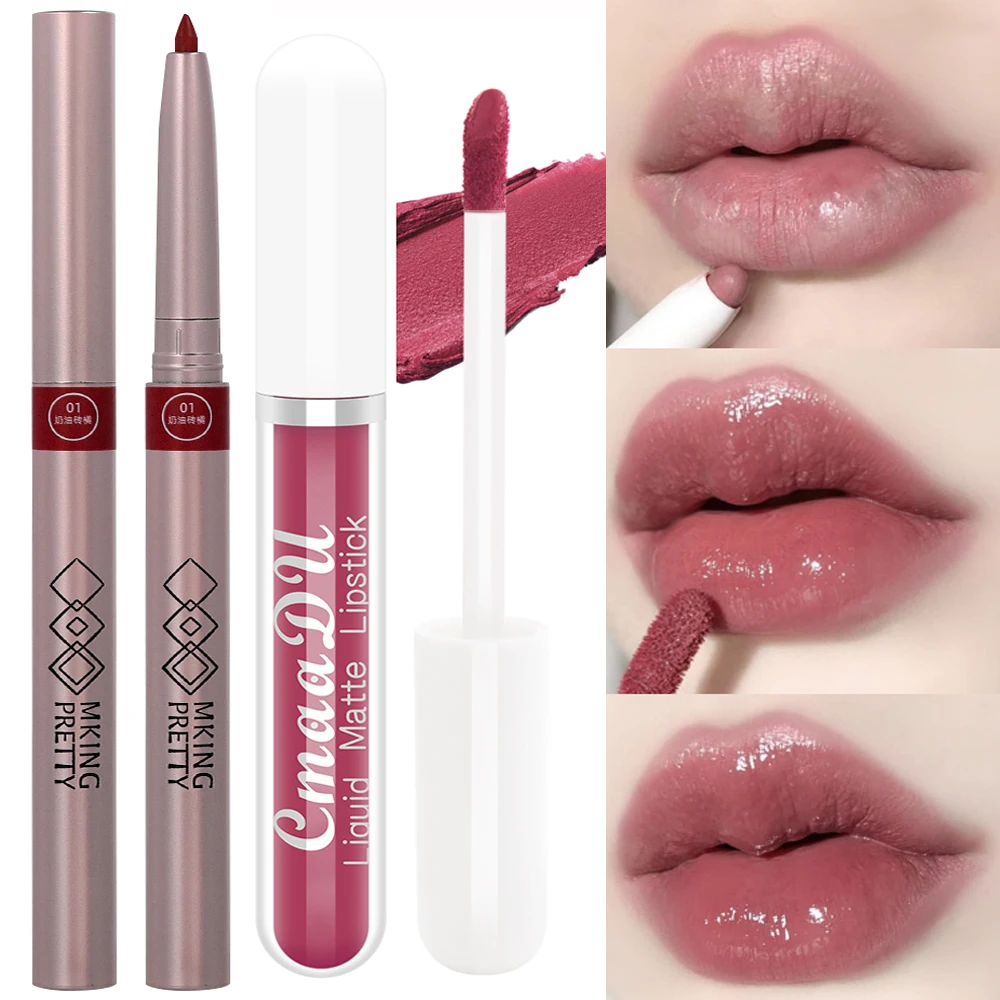 2 Stuks Lippenstift Lipliner Pen Set Matte Spiegel Lipliner Potlood Contour Make-Up Sexy Rode Lipgloss Blijvende Koreaanse Make-Up Cosmetica