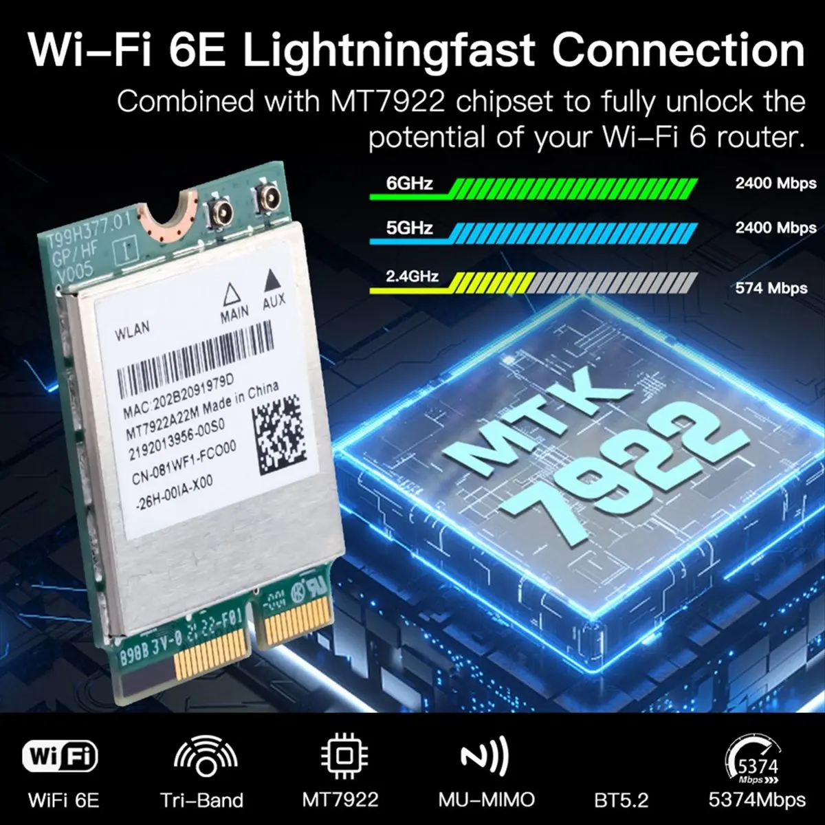 ABGZ WiFi 6E MT7922 M.2 Wireless Card 5374Mbps Bluetooth 5.2 Network Adapter 802.11ax 2.4G/5G/6GHz WiFi Card for Win10 Win11