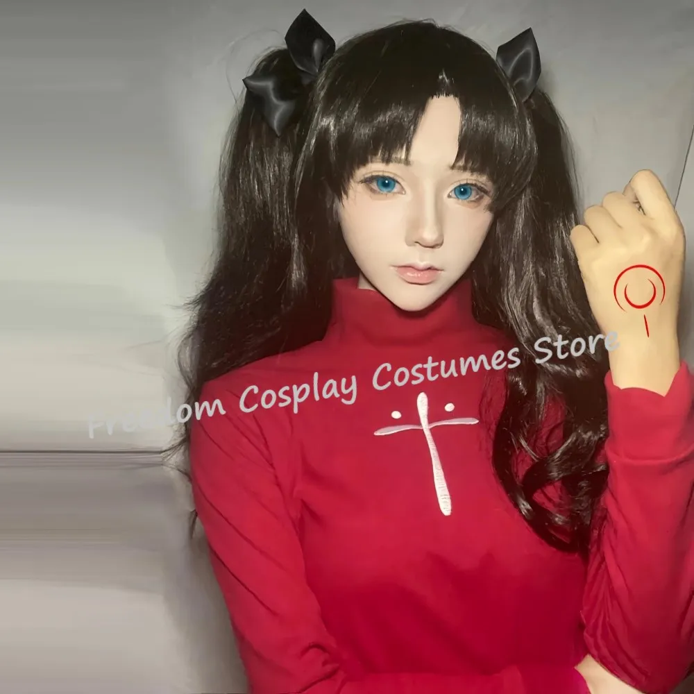 IN STOCK Anime Fate Tohsaka Rin Cosplay wig Big Wave Double Clip Ponytail Synthetic Heat Resistant Wig + Wig Cap Tattoo sticker