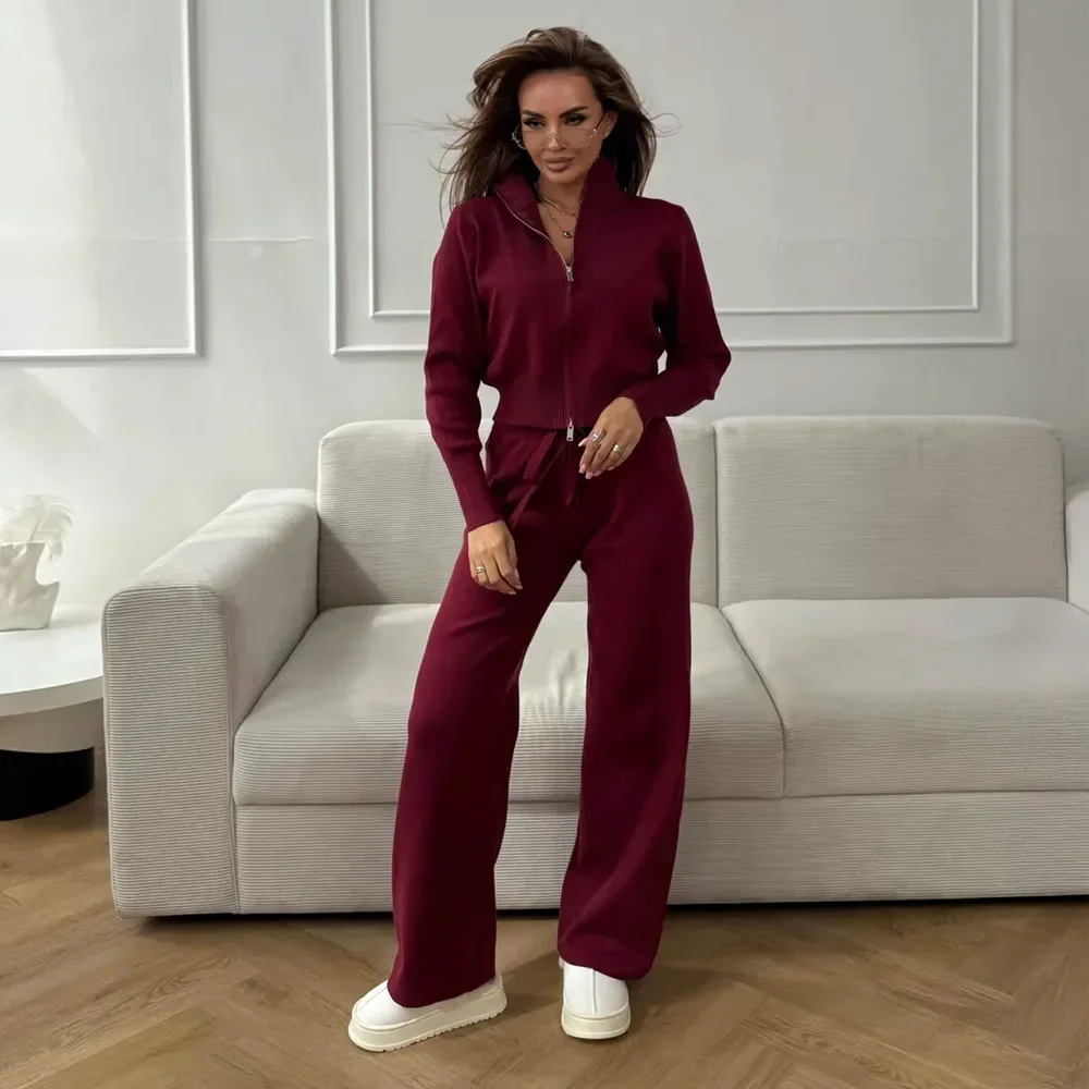 Outono e inverno feminino zíper cardigan calças de malha terno elegante sólido solto macio casa diária escritório casual conjunto camisola quente