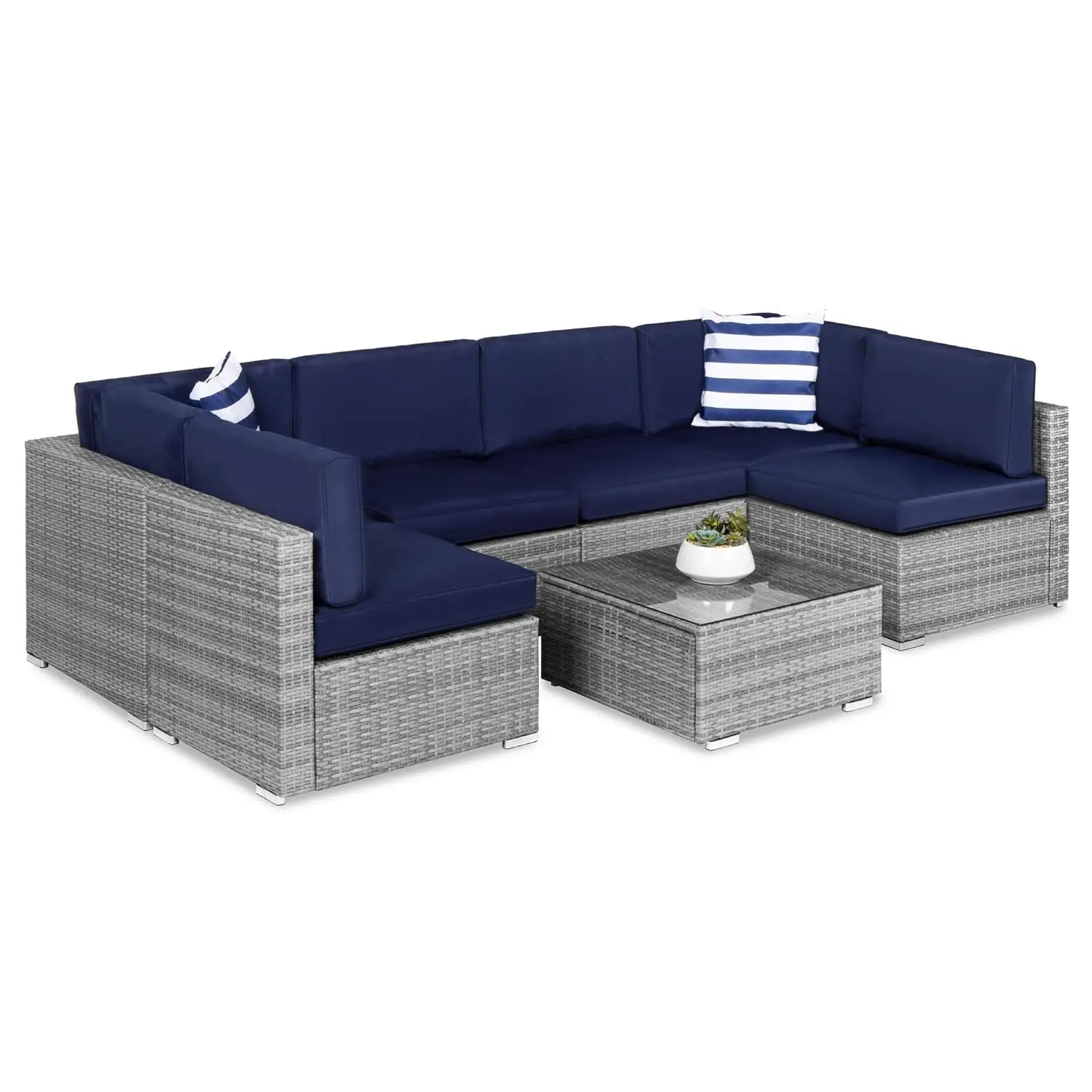 

7pc Modular Outdoor Sectional Wicker Patio Conversation Set w/ Pillows Coffee Table Cover Gray Navy Customized