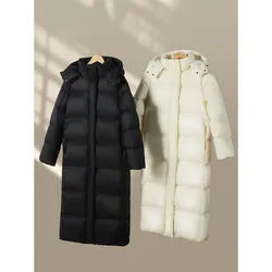 Thicken White Duck Down Coat For Women Detachable Hat Long Puffer Jackets Female Winter Versatile Solid Warm Overcoat Windproof