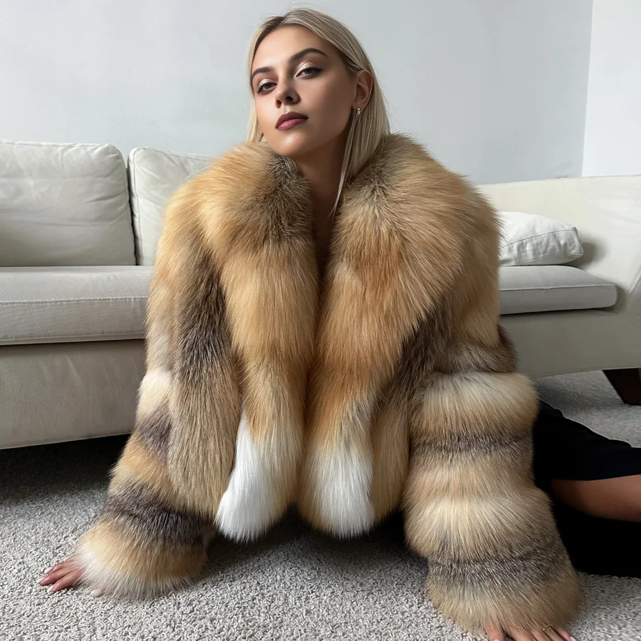 معطف فرو الثعلب الذهبي lsland سترة من الفرو الحقيقي مع ياقة قصيرة معطف فرو الثعلب الفضي الأصلي وصل حديثًا معطف فرو طبيعي للنساء #3