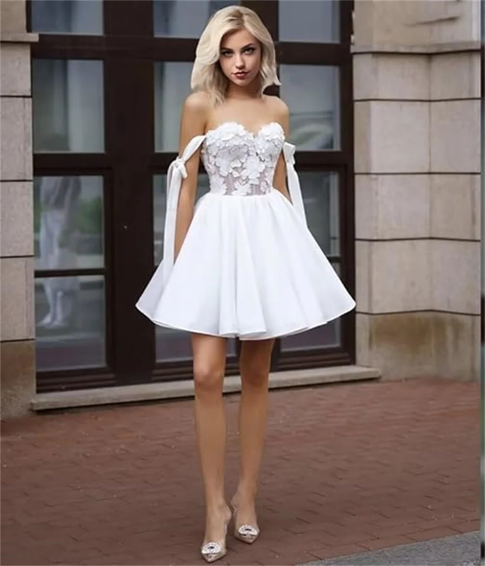 

Customized Lace Appliques White Short Wedding Dress For Bride Sweet Homecoming Dress For Teens A Line Satin Party Dress With Bow