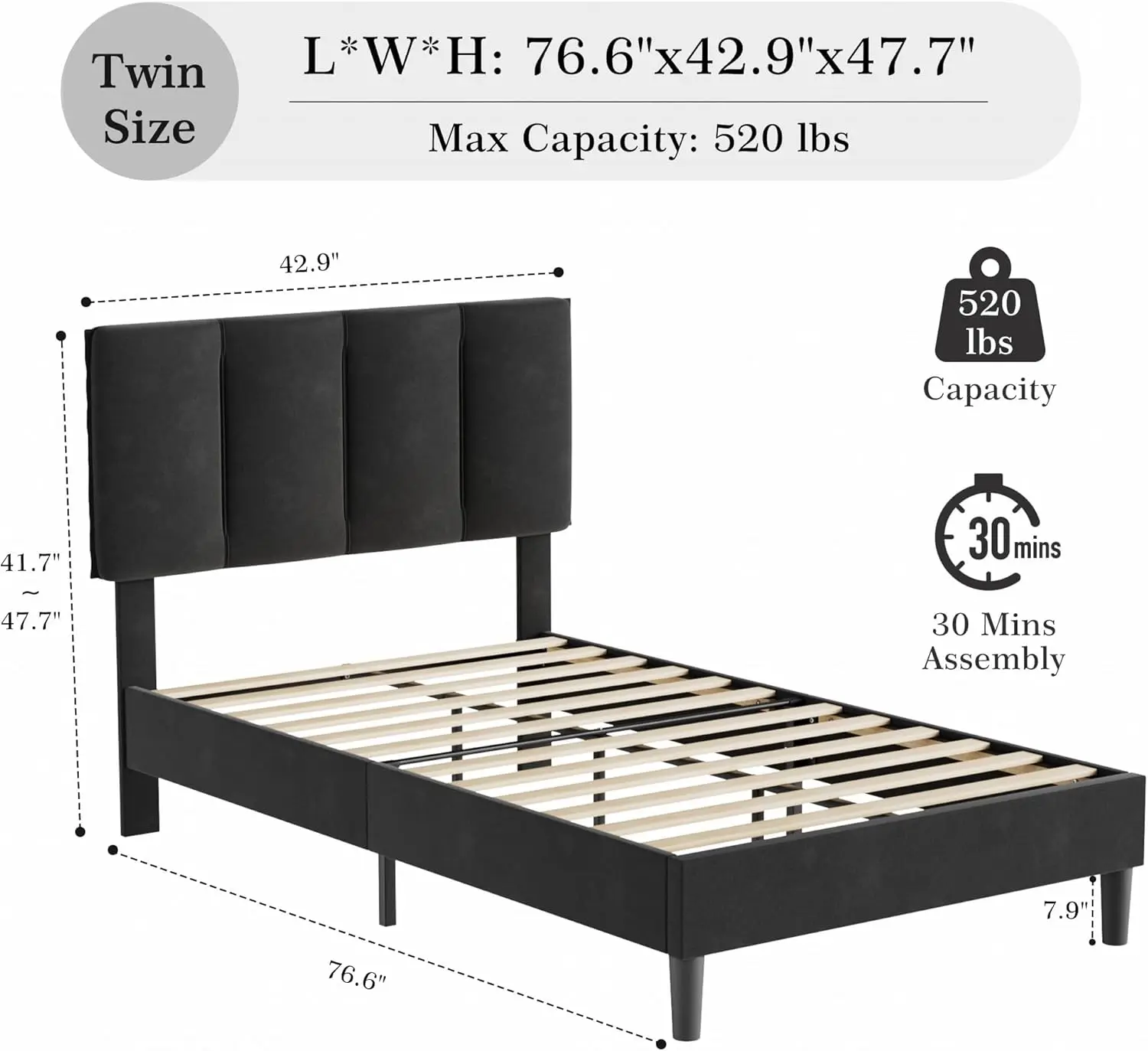 Twin Bed Frame with Upholstered Headboard, Platform Mattress Foundation with Strong Wooden Slats Support, No Boxing Spring Neede