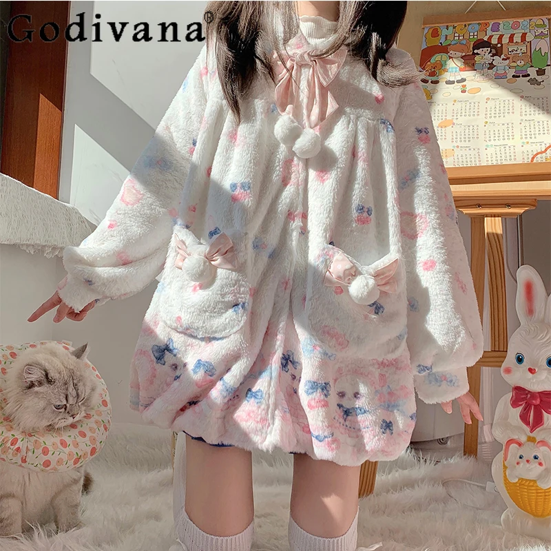 

Autumn and Winter Plush Jacket Japanese Style Cute Girls Sweet Bow Lolita Faux Fur Jacket Women's Loose Warm Soft Fur Coats