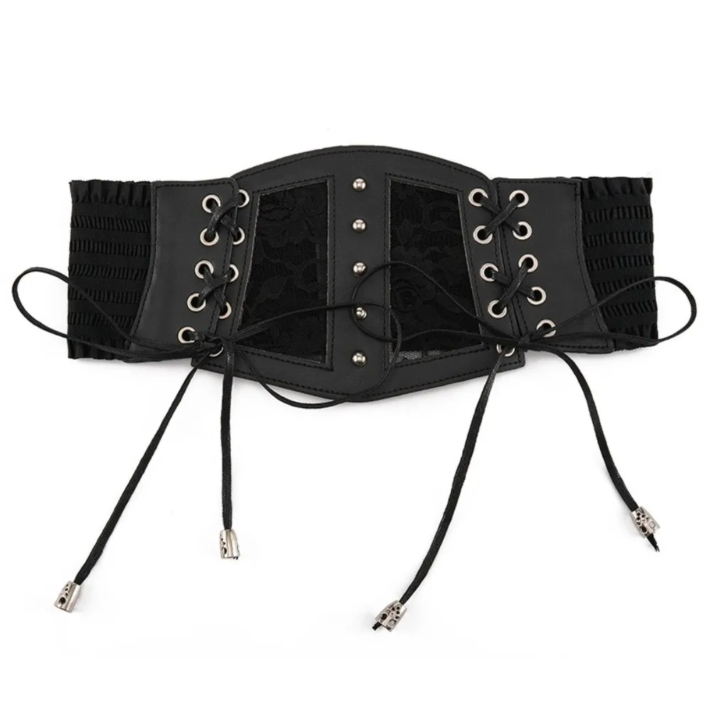 Zwarte kanten riemen brede elastische korset retro pin gesp tailleband voor dames op shirtjurk