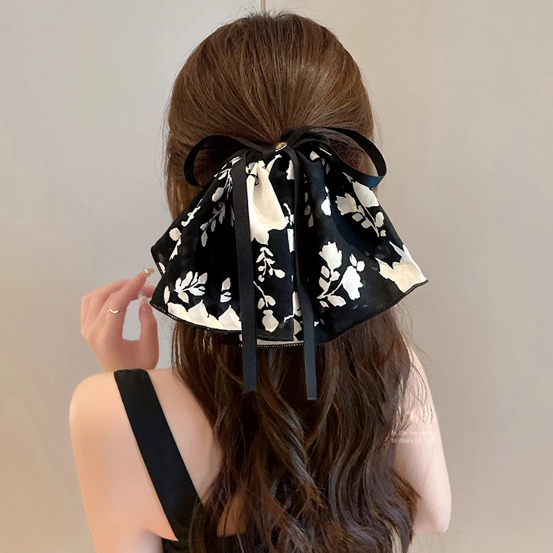 Korean Woman Retro Printing Bowknot Ink hemline Elastics Hair Band Elegant Scrunchies Hair Ties Ponytail Holder Hair Accessories