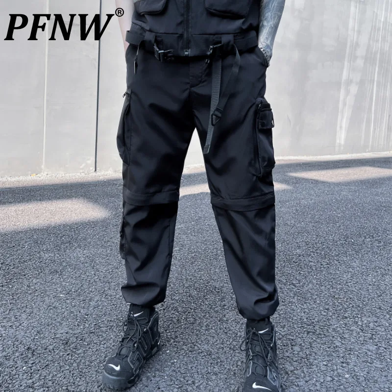 

PFNW Autumn New Men's Trendy Wearproof Overalls Fashion Detachable Darkwear Elastic Waist Cargo Binding Leg Pants 12A8147