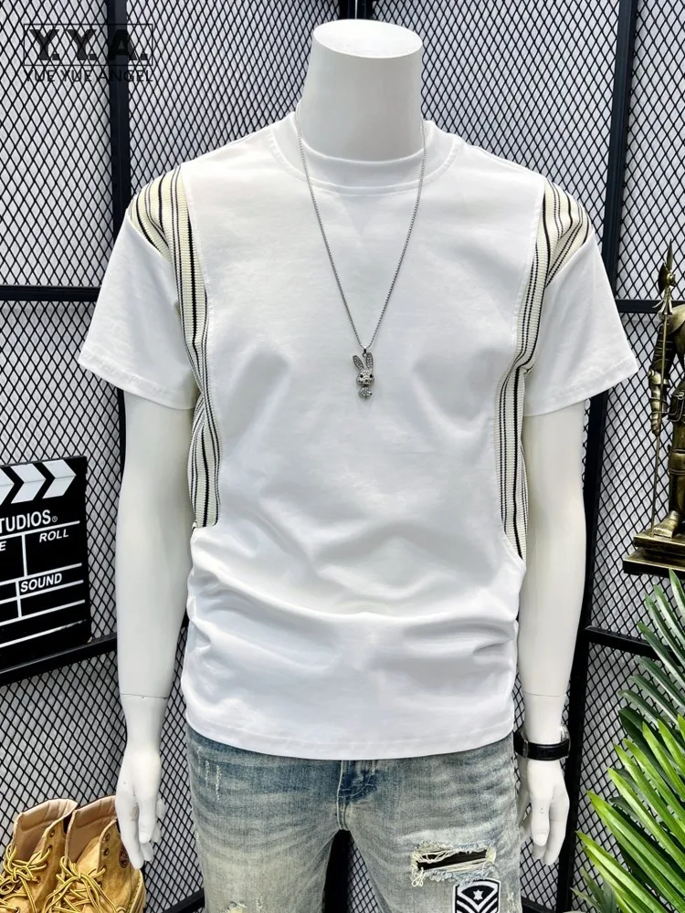 Fashion Male Summer High Street O Neck T-Shirt Casual Short Sleeve T-Shirt Striped Colors Panelled Pullover Tees Tops Loose Fit