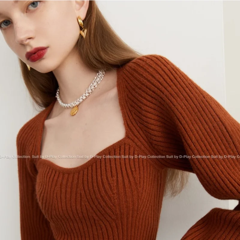 French Palace Neck Knit Women'S Wear 2023 Autumn And Winter New Advanced Design Charcoal Lantern Sleeve Knit Sweater Slim Fit Sw