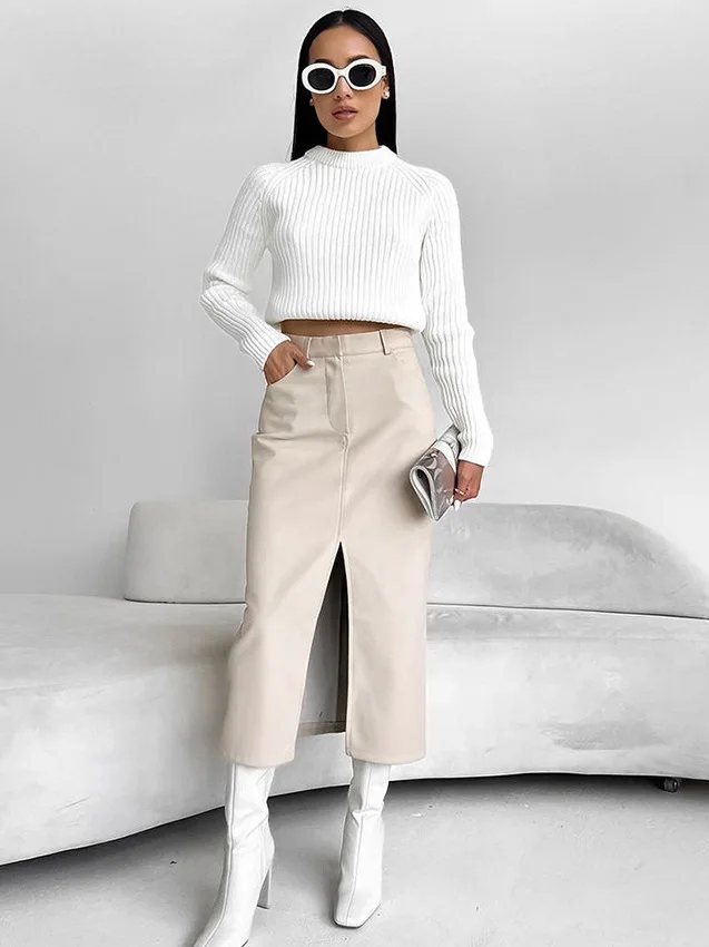 

Retro Velvet PU Split Skirt for Women High Waist Fce Lined Asymmetrical Midi Skirt Faionable Comfortable Ladies Skirts