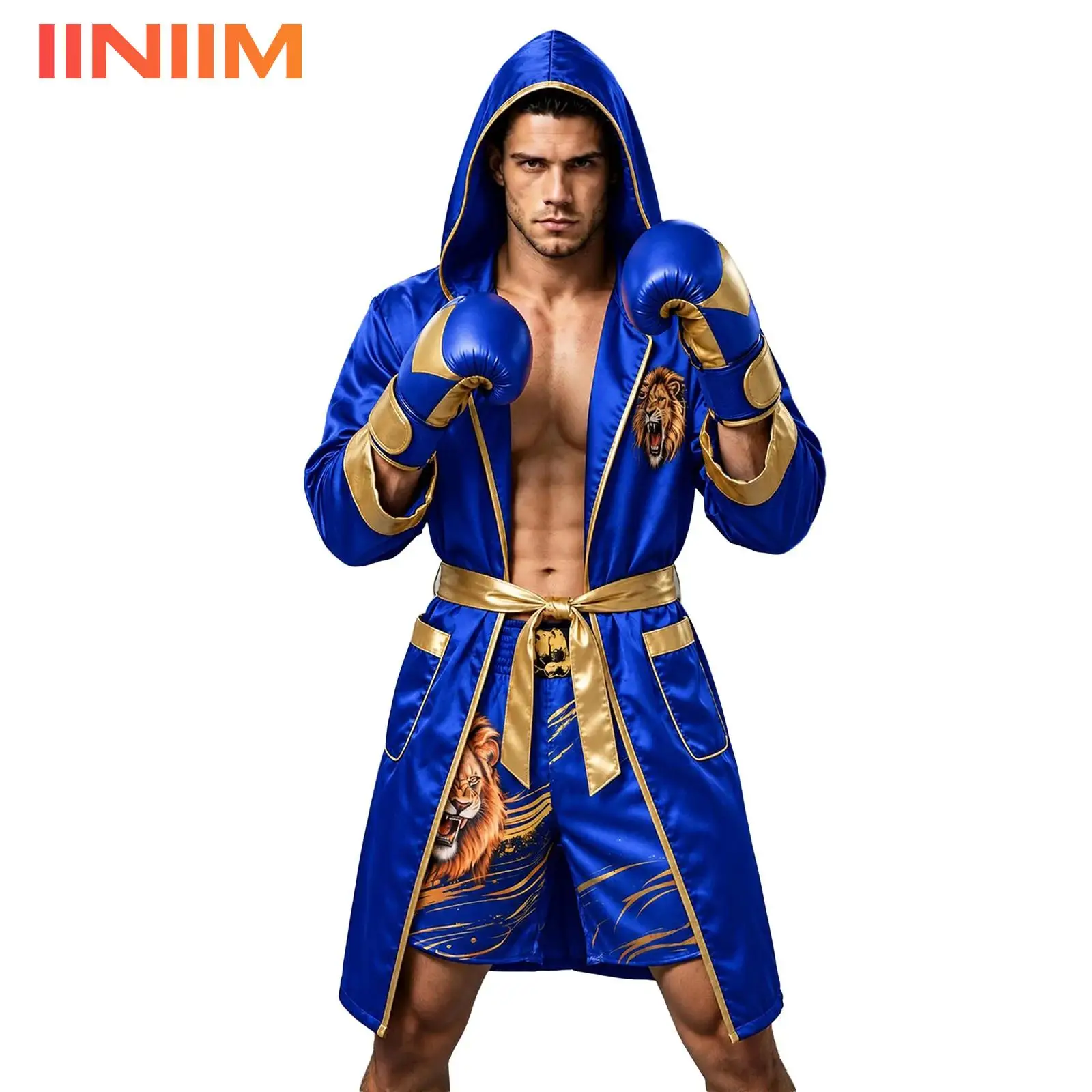 Men Satin Hooded Boxing Robe Shorts Set Lion Print Boxing Costume Kickboxing Muay Thai MMA Fight Outfit Competition Costume