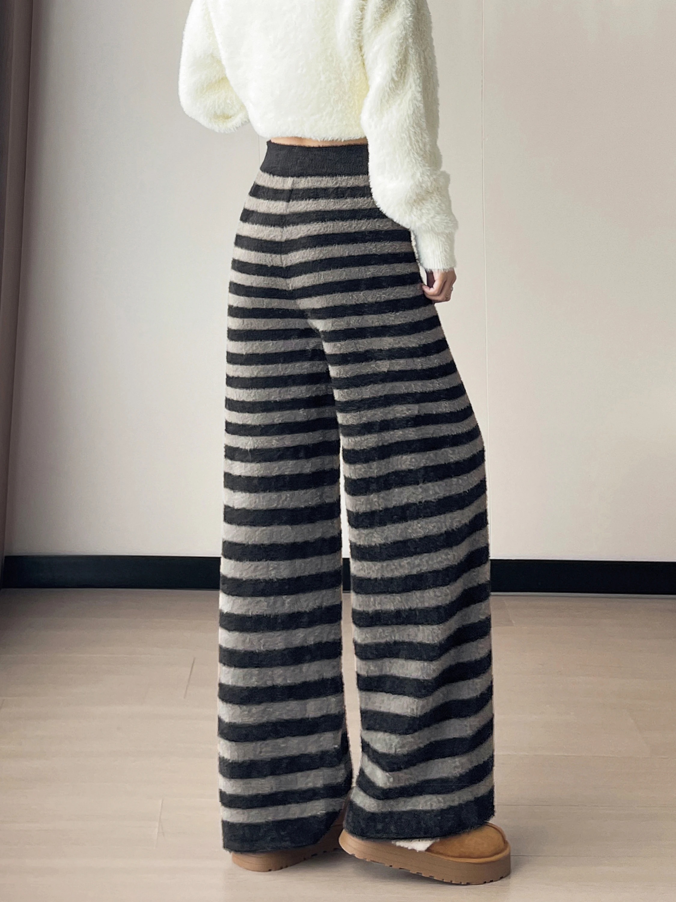 بنطلون نسائي واسع الساق بخصر مرتفع، موديل جديد للخريف والشتاء، فضفاض وانسيابي، بنطلون كاجوال من المخمل المخطط بطول كامل