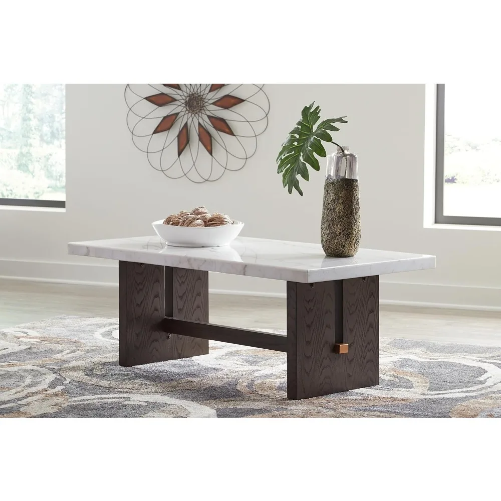 Burkhaus Traditional Rectangular Coffee Table with Marble Tabletop, Dark Brown & White