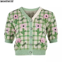 Green Flower Embroidered Sweater Women Elegant Cardigan Tops 2024 Summer V-neck Short Sleeve Stylish Fashion Chic Ladies Jumpers