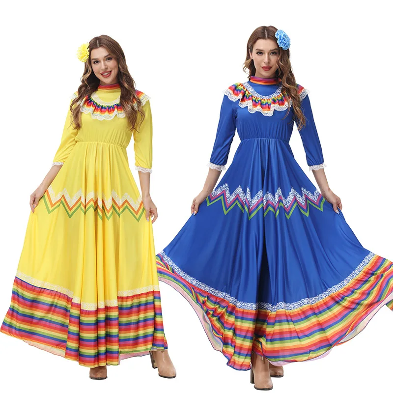 Adult Halloween Costumes Mexican Folk Dancer Dress Woman National Mexico Style Guadalajara Holiday Costume Bohemia Long Skirt