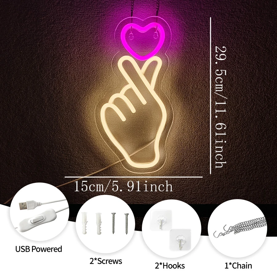Finger Heart Neon Sign,Hand Heart Gesture LED Neon Lights for Room Wall Decor,Love Heart Neon Sign for Bedroom Wedding Decor