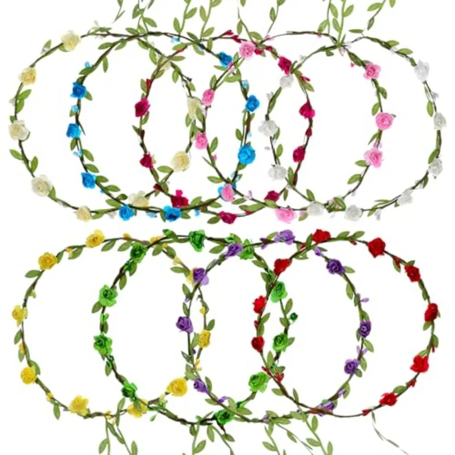 9 Pack Floral Headpiece Assorted Colored Flower Crowns for Women Girls, Bohemian Floral Headband Wreath Garland for Fairy Party