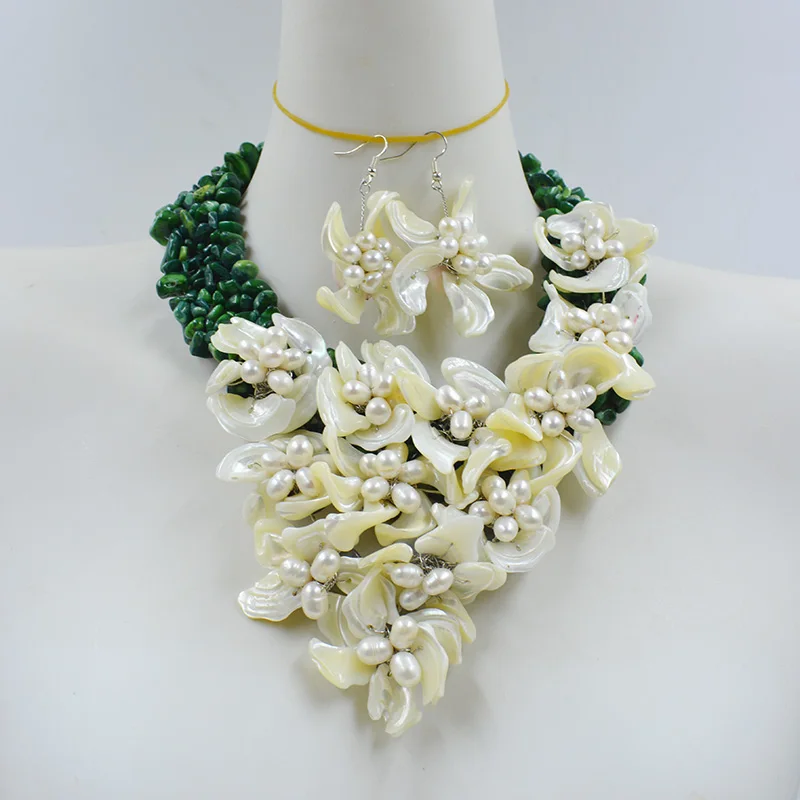 Natural irregular coral necklace earrings. Hand woven shell flowers. The most classic jewelry set for women's parties  45CM