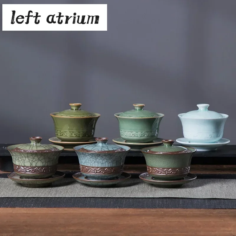 200ml Longquan Celadon Cover Bowl Ge Kiln Ice Cracking Hand Grab Bowl with Lid Kung Fu Teaset Sancai Cover Bowl Tea Maker Gaiwan