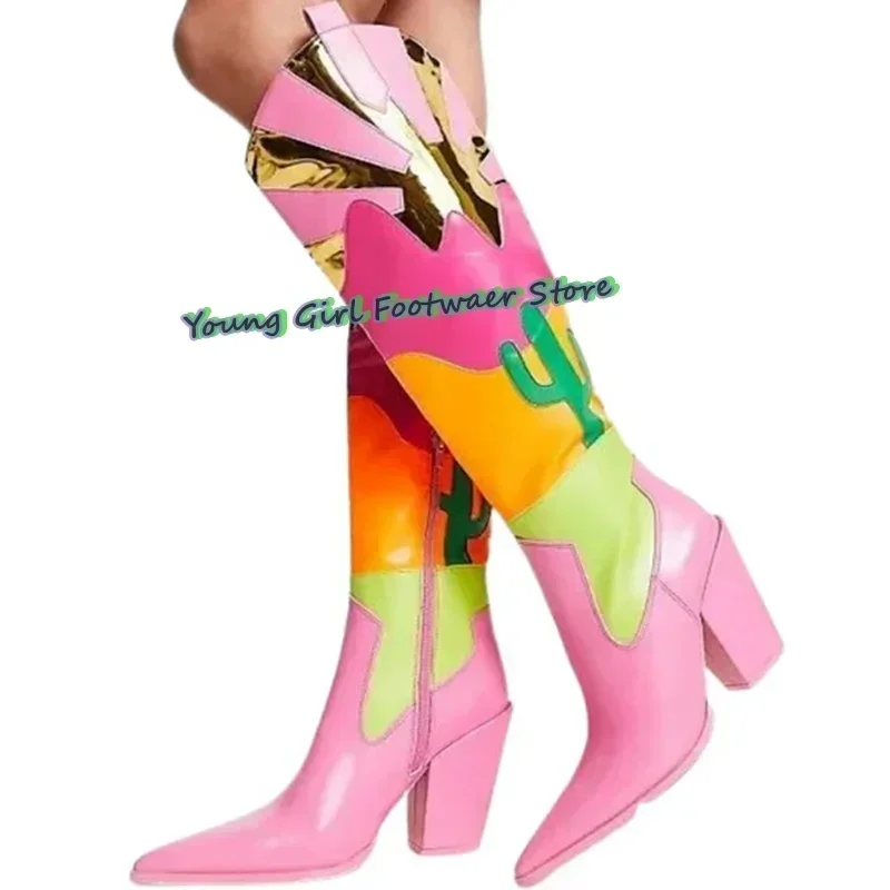 Color Blocking Pointed-Toe Leather Shoes Thick Heel Orange Boots Western Cowboy Runway Women's Boots Luxury High Heels
