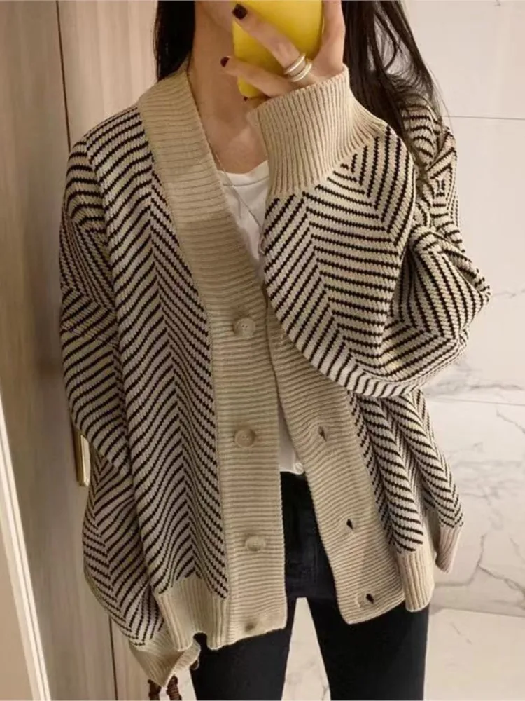 Autumn V-neck Button Stripes Sweater Long Sleeve Christmas Cardigan Sweater Knitted Loose Oversize Jumper Tops Jacket Coat