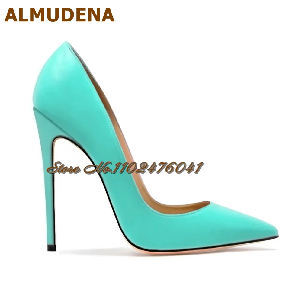 

ALMUDENA Turquoise Purple Matte Leather Shallow Dress Shoes 12Cm Thin Sky High Heel Slip-On Pointed Toe Pumps 10Cm 8Cm Stilettos