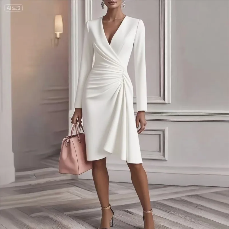 

Sexy Dress Spring Summer Women's New Slim Fit Pure Fashion Color Party Dresses Long Sleeve V-neck Pleated Mid-waist Clothing