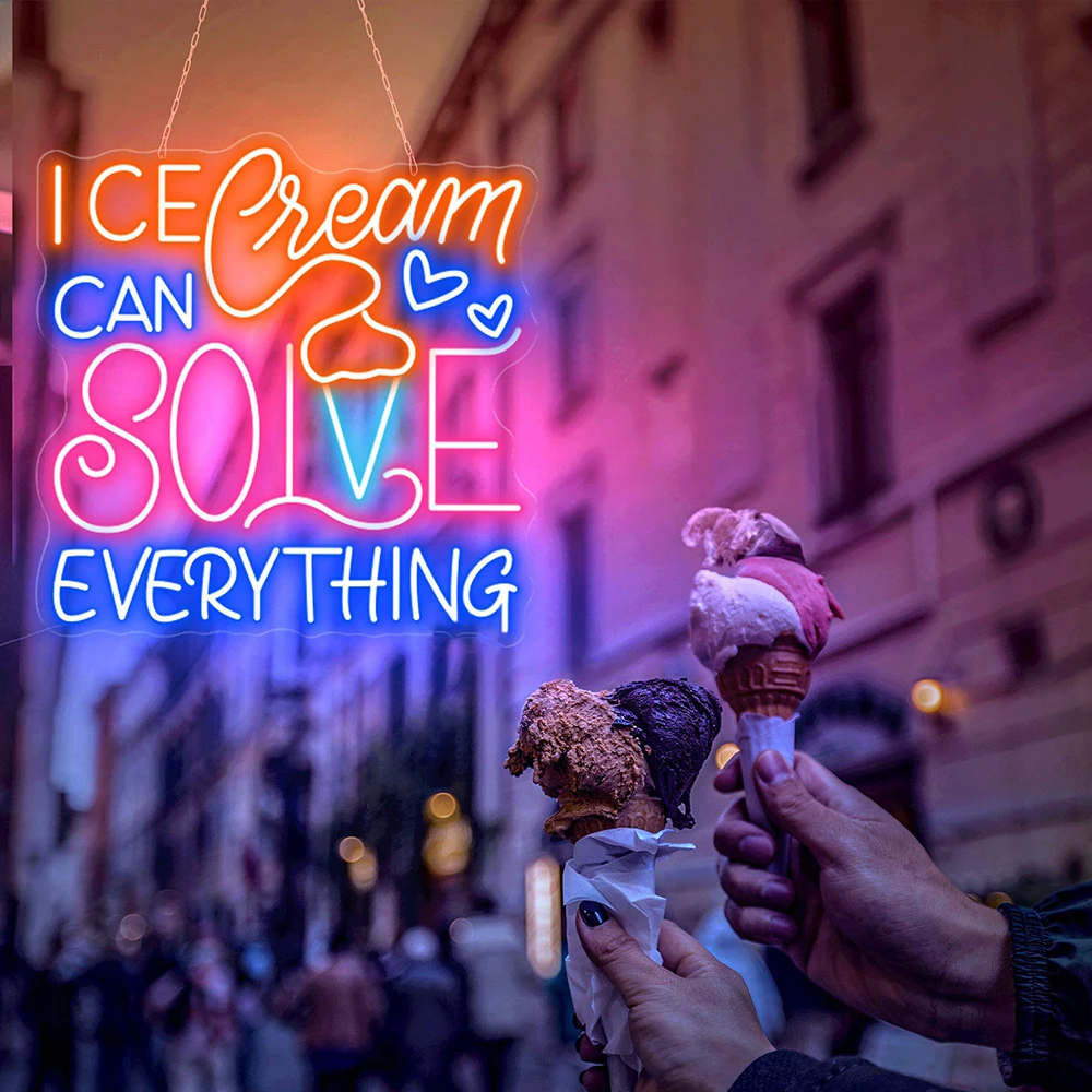 Ice Cream Solves Everything LED Neon Sign Custom Coffee Bar Open Decor Neon Light Restaurant Wall Decoration Ice Cream Shop Sign