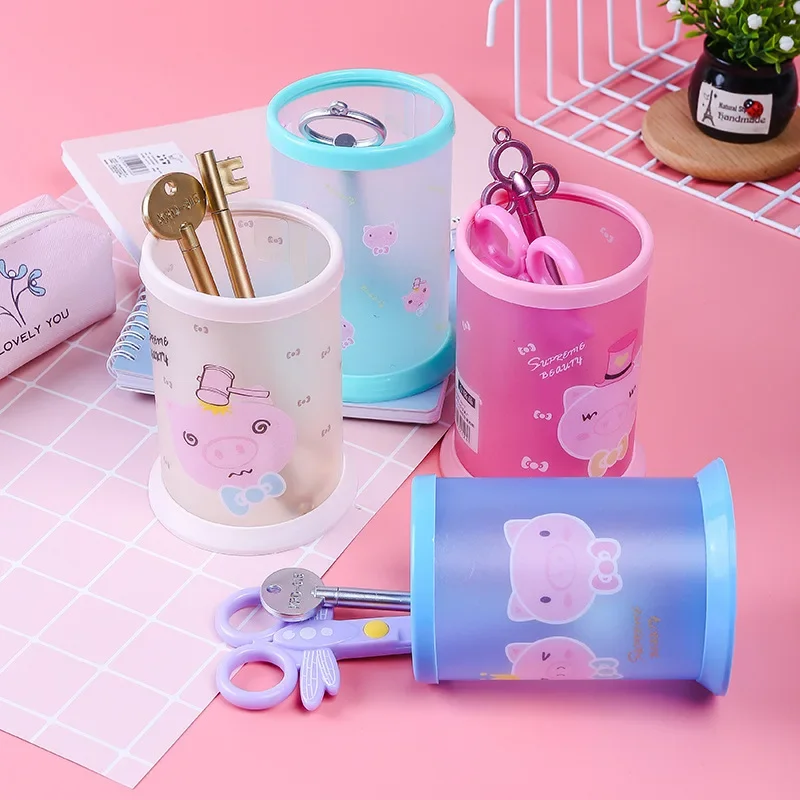 5pcs Student Creative Cartoon Cute Transparent Frosted PVC Pen Container Desktop Plastic Storage Bucket DIY Detachable