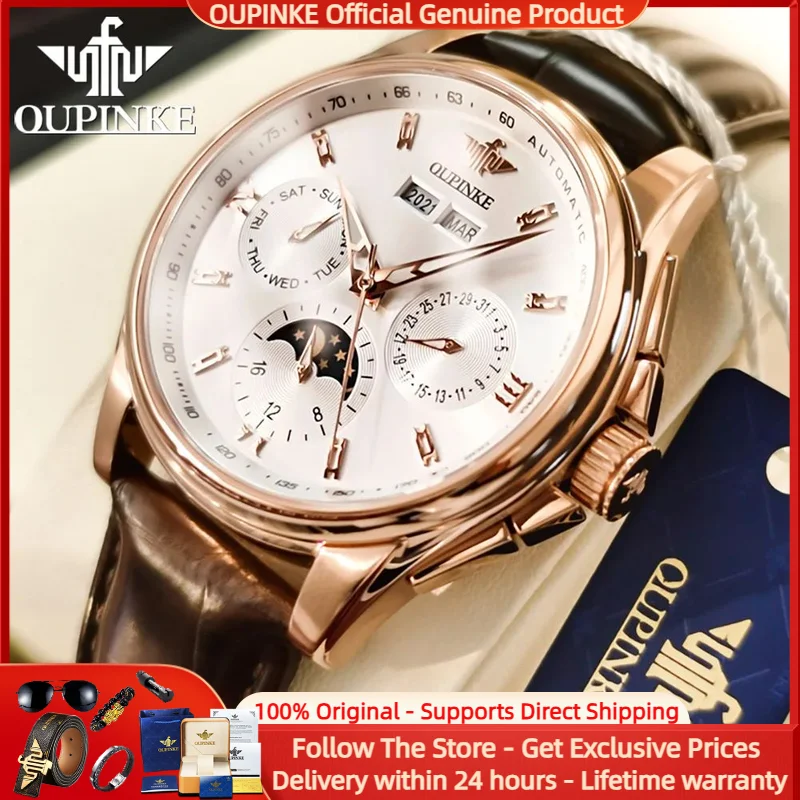 

OUPINKE 3189 Men Watch Luxury Brand Automatic Mechanical Watch Formal Leather Waterproof Sapphire Mirror Moon Phase Men Watch