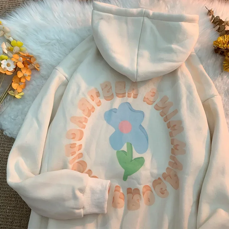Autumn Flower Print Hoodies Women Streetwear Sleeve Female Sweatshirt Loose Fleece Ladies Y2k Winter Clothes Women Korean Style