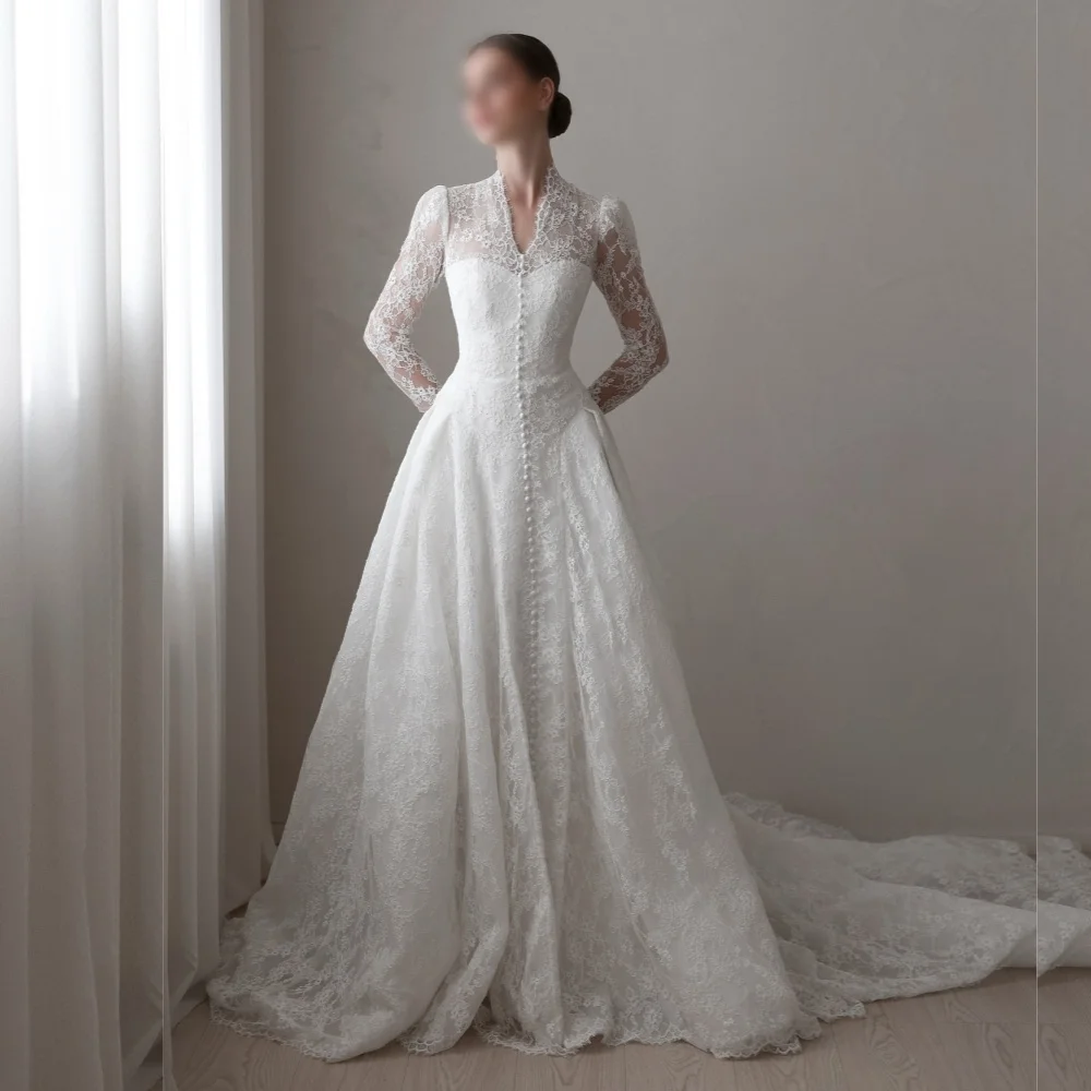 

Customized High Quality Woman Elegant Party Wedding Pleat Lace V-neck A-line Floor-length Bespoke Occasion Dresses