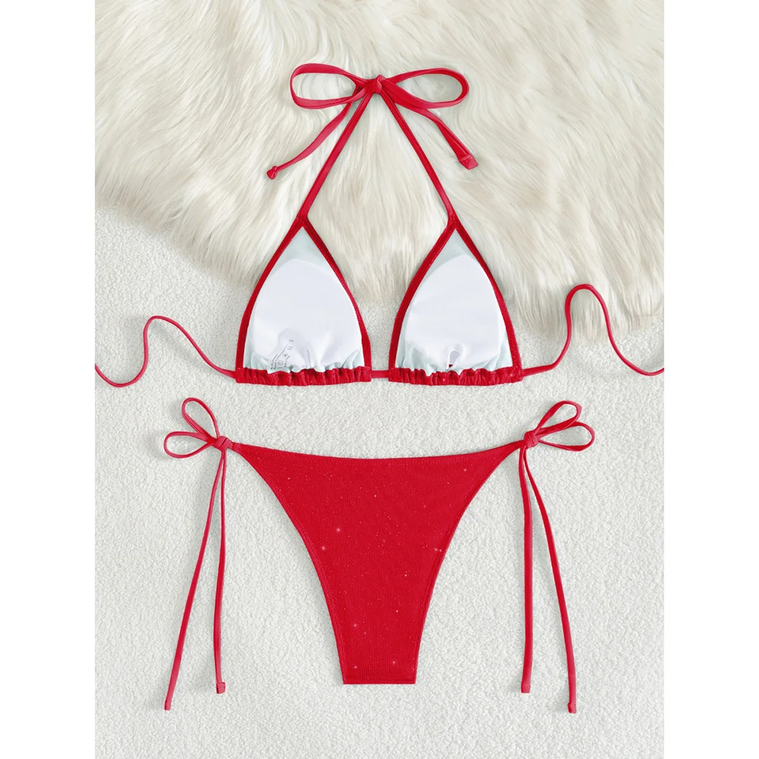 Glitzernder, funkelnder Neckholder-Bikini mit hohem Beinausschnitt, Damen-Badebekleidung, zweiteiliger Bikini-Set, Badeanzug, Badebekleidung, Schwimmbekleidung V5501R – Detail 35