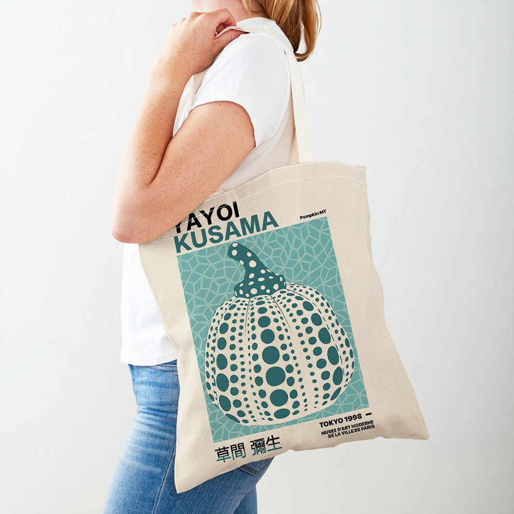 Japan Yayoi Kusama Dots Pumpkin Retro Lady Shopping Bags Nordic Shopper Bag Double Print Women Supermarket Handbag Canvas Tote