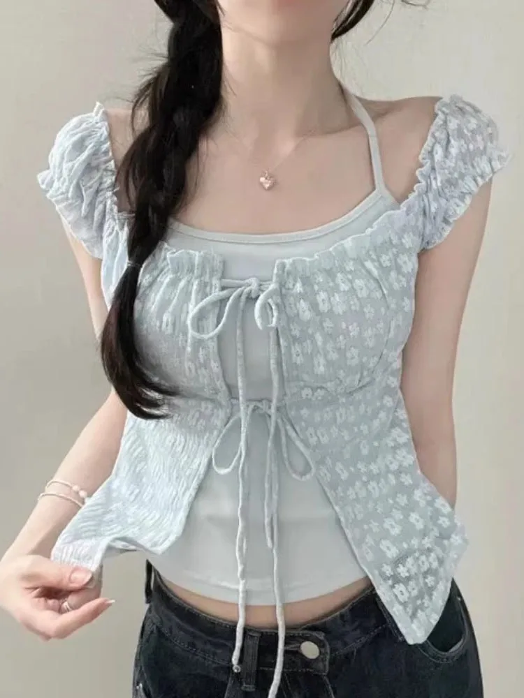 وهمية قطعتين امرأة الرسن المرقعة تي شيرت كل مباراة الدانتيل زهرة ضمادة الكورية تيز الحلو موضة الصيف اقتصاص تي شيرت #1