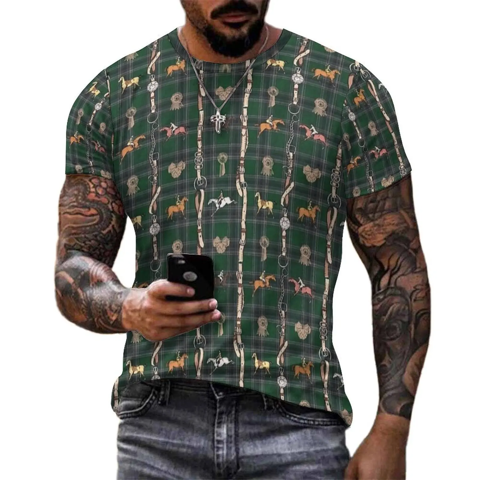 Elegant Horse Riders Belts Bows on Green Plaid T Shirt Men Design O Neck T Shirts Hippie Tops Short Sleeve Casual Tee Shirt