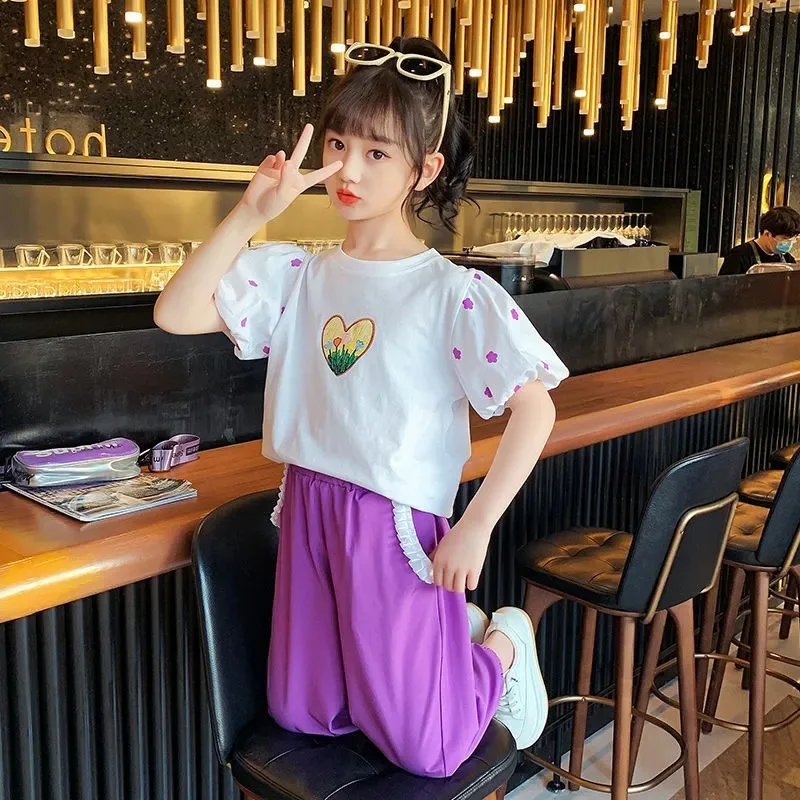 2023 Summer Girls tracksuit Kids Clothes Teenager puff sleeve t shirt Tops + long Ankle-tie pants Casual 6 7 8 10 11 12 Years