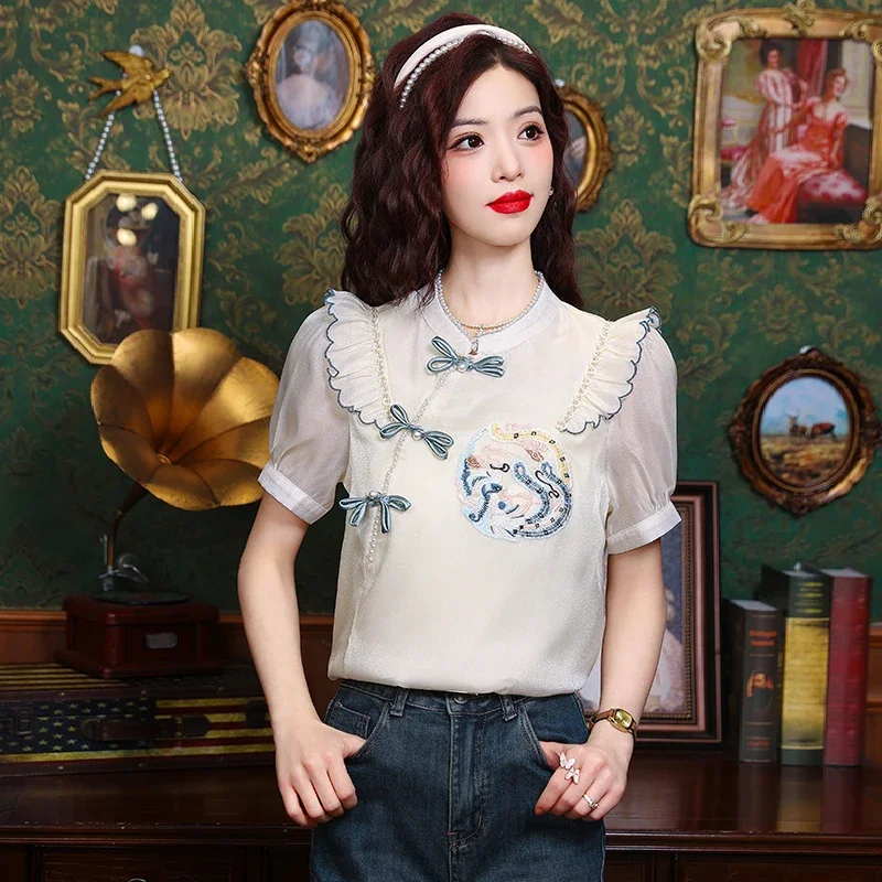Chiffon Chinese Style Women Blouses Summer Women's Shirts Loose Short Sleeves Tops O-neck Korean Clothing Sales