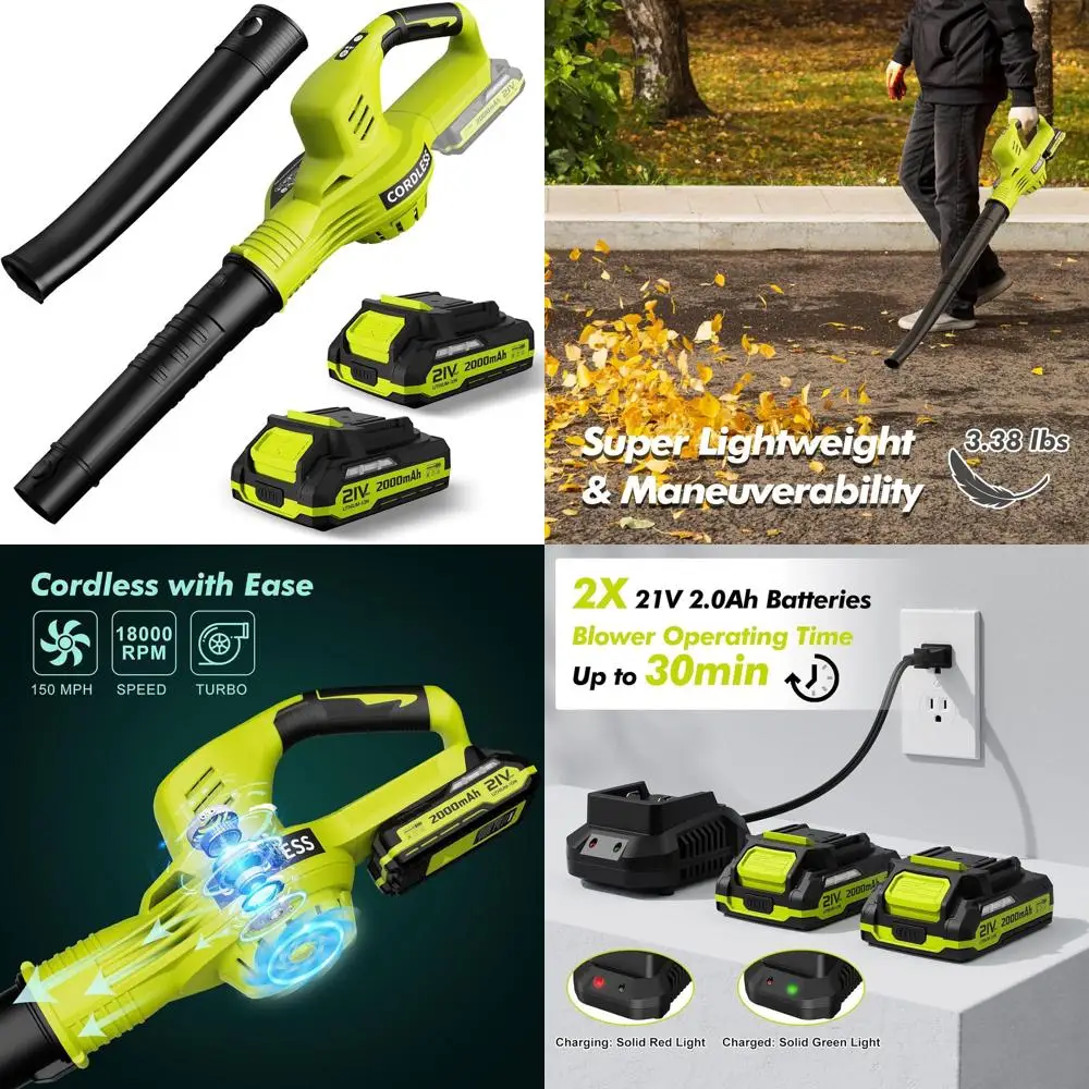 

Аккумуляторная электрическая воздуходувка для листьев 21В с 2 батареями, 2 скоростями, 2.0 Ач, легкая, для ухода за газоном и уборки листьев