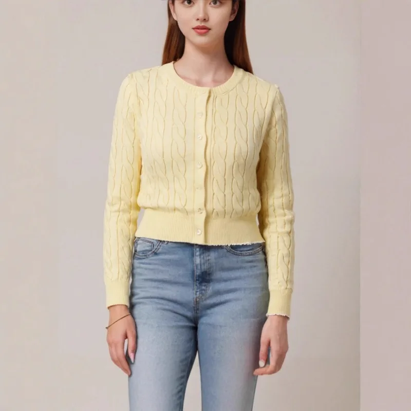 New Knitted Cardigan with Embroidered Twist Round-neck Sweater Cardigan Warhorse Twist Coat Women's Knitted Sweater pure Color