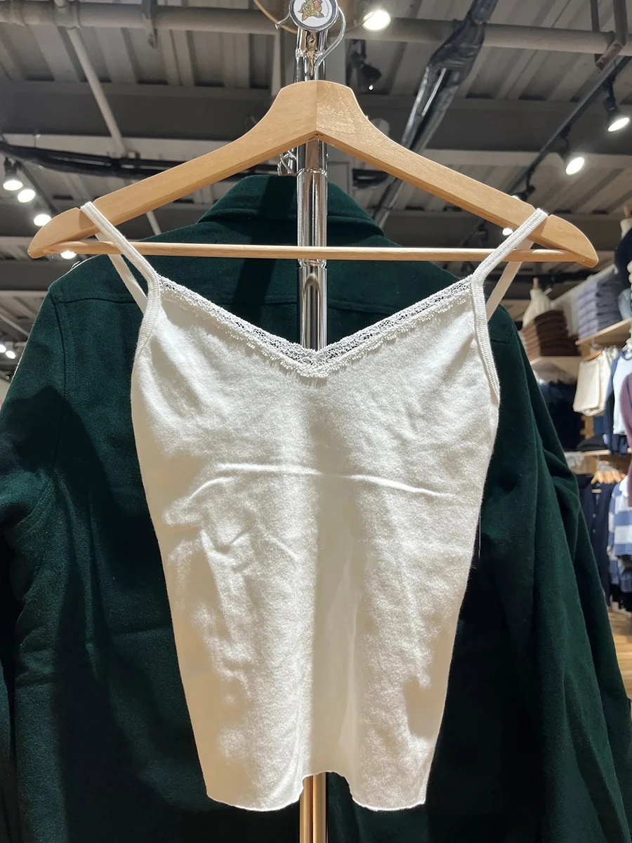 Lace Trim White Basic Slim Crop Top Women Summer V-neck Cotton Sleeveless Cropped Camisole Preppy Style Solid Sweet Tank Tops