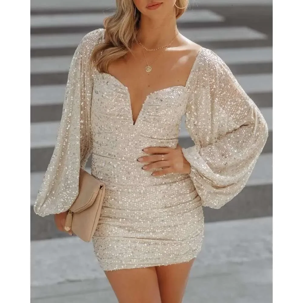 

Elegant Long Sleeve Sequin Party Gown Short Saprkly Prom Dress for Women Mini Evening tail Dresses