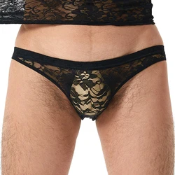 New Mens Sexy Lace Low-Rise Hollow Out Underwear Transparent Brief Solid Panties Elastic Lingerie Temptation Men Briefs Shorts