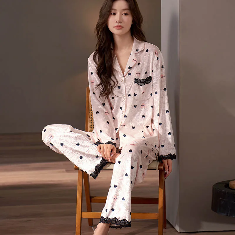 

Print Velvet Female Pajamas Two Piece Set Sleepwear Autumn Winter Velour Trouser Suits Pyjama Femme Homewear Lounge Wear