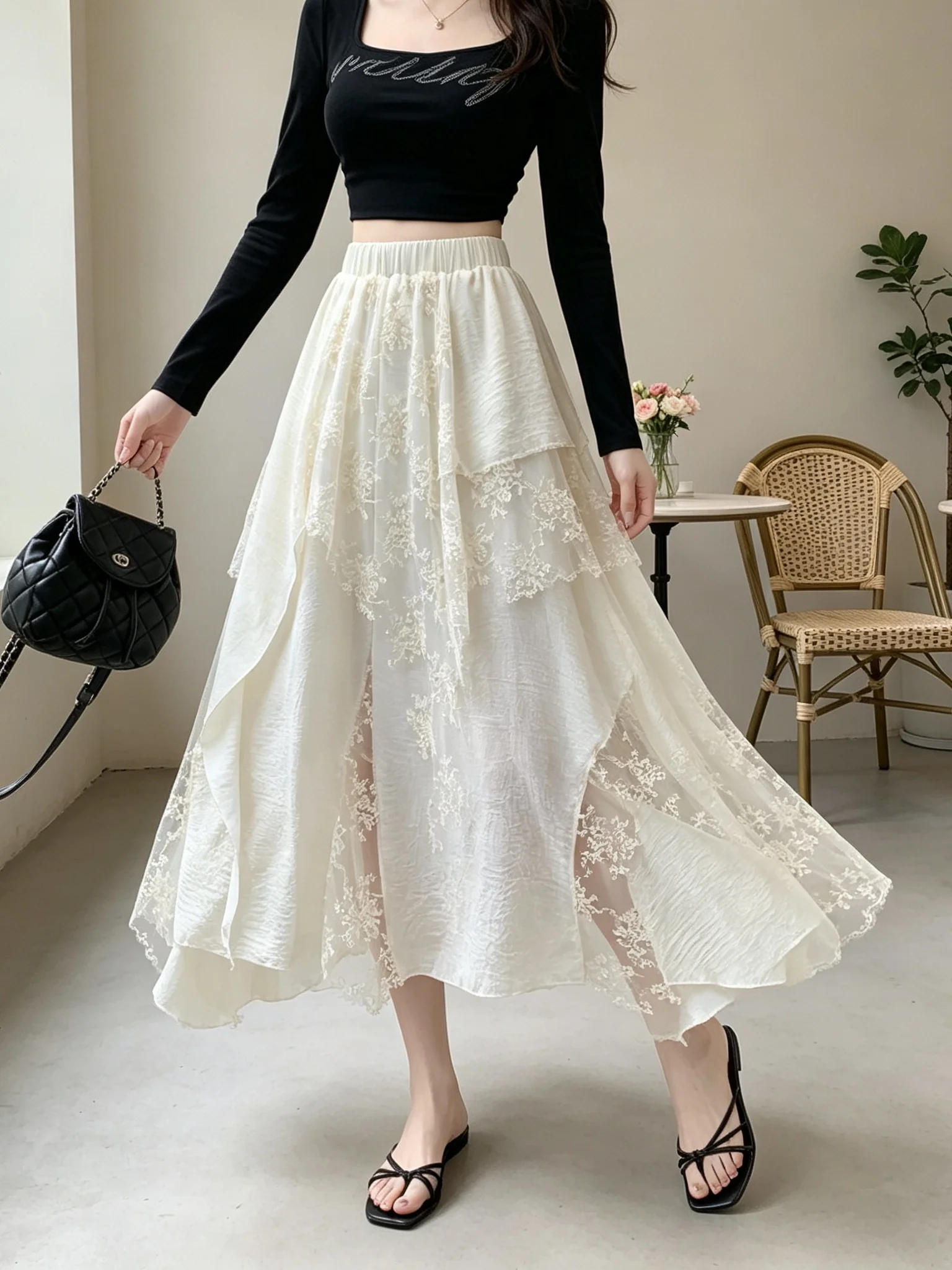 Autumn Winter Irregular Lace Half Skirt Women's Tawny Cake Skirt Design High Waist mid Length Polyester Fiber Elastic Waist