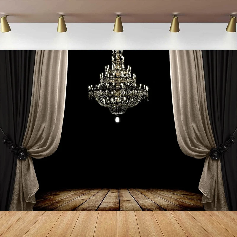 

Roaring 20s Photography Backdrop Luxury Chandelier Curtain Wooden Floor On Black Background Dance Prom Birthday Wedding Party